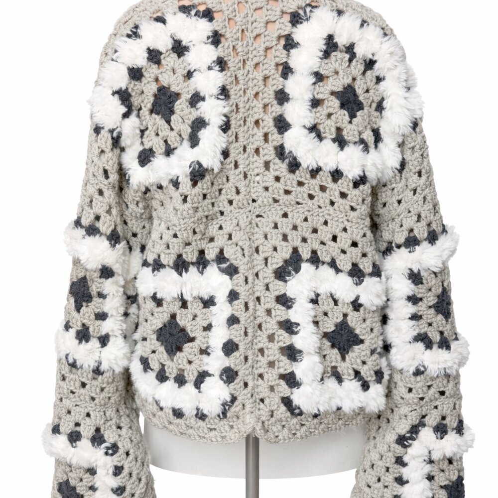 Granny Square Crochet Cardigan Jacket Grey White Fluffy Handmade Boho Size L/XL - Picture 4 of 5